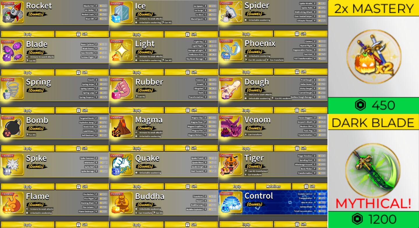 Melhor Conta de Blox fruits com 18 Permanentes, Dought, tiger, Control. Gamepass