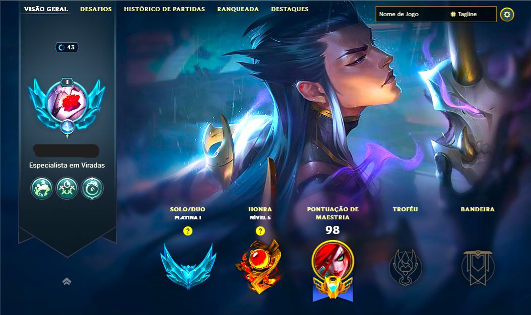 SKIN YONE TINTA SOMBRIA + [ PLATINA 1 QUASE ESMERALDA ] + [ 70% DE WIN RATE ]
