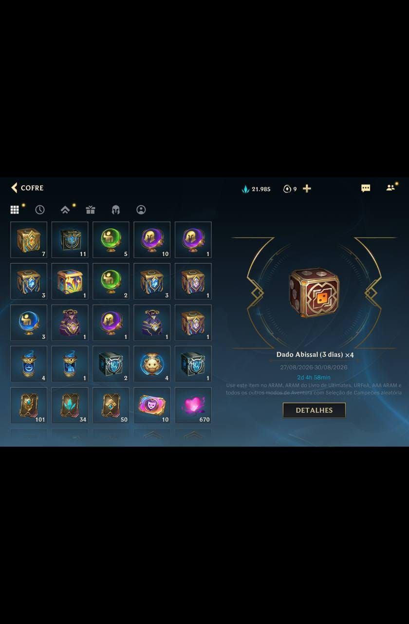 507 Skins| 15 Míticas |64 Lendárias|290 Épicas |Lv 226 |87,2K Coleção| 1978 dias