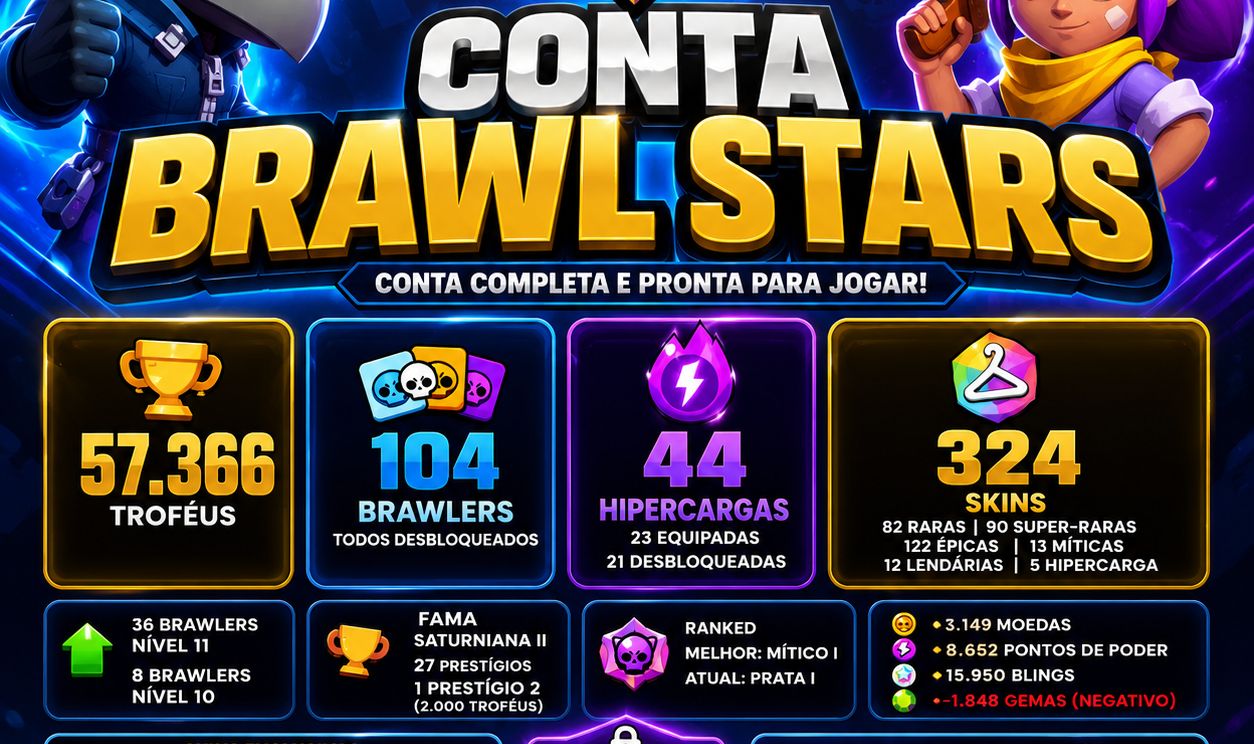 57k Troféus | 104 Brawlers | 44 Hipercargas | 324 Skins | E-mail Incluso