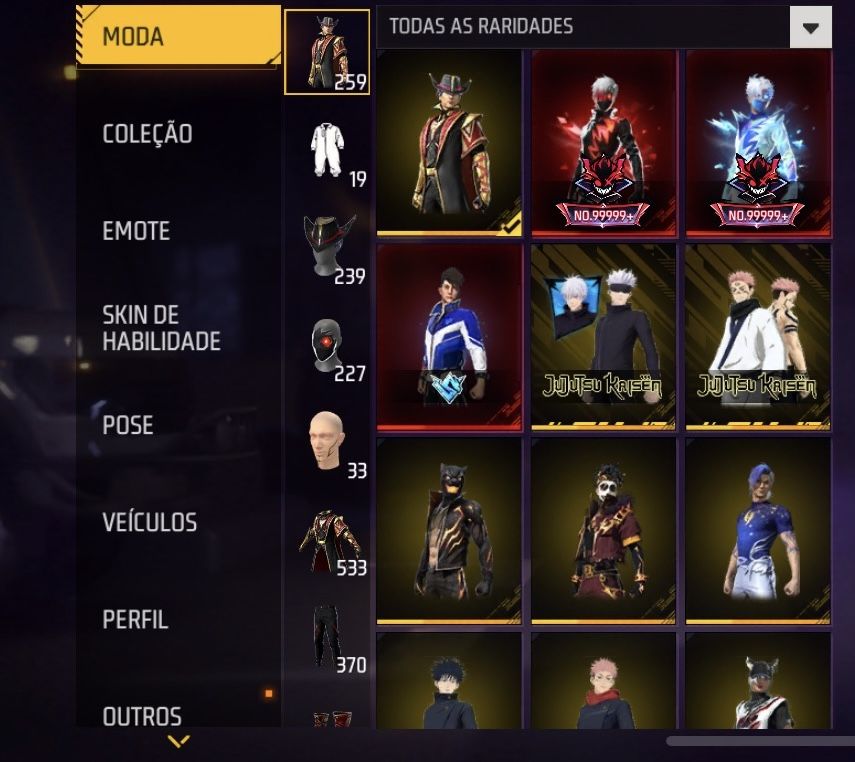 Conta Free Fira com skins de passes antigos