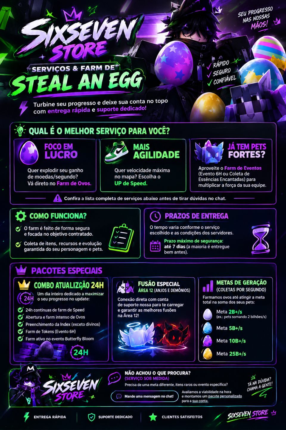 SIXSEVEN STORE | Steal an Egg, Serviços, Farm e Pacotes Especiais