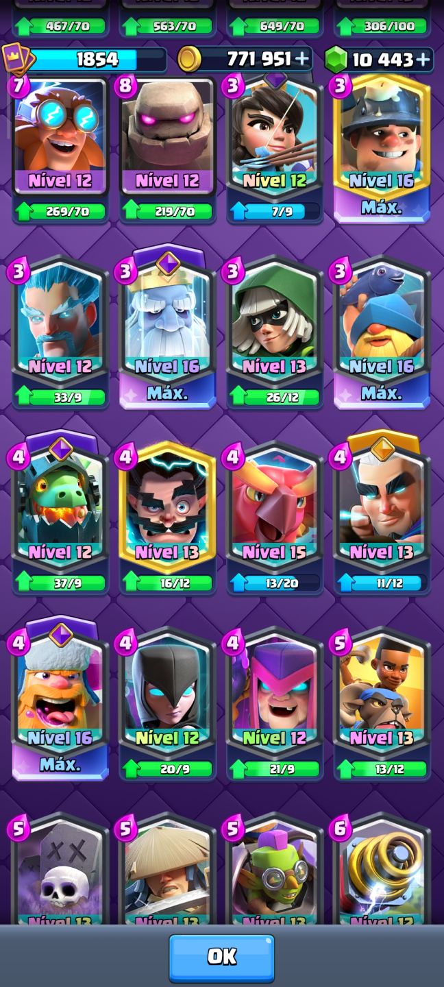 Conta Clash Royale nv. de coleção 1854 (Torre do rei 16)!!!!