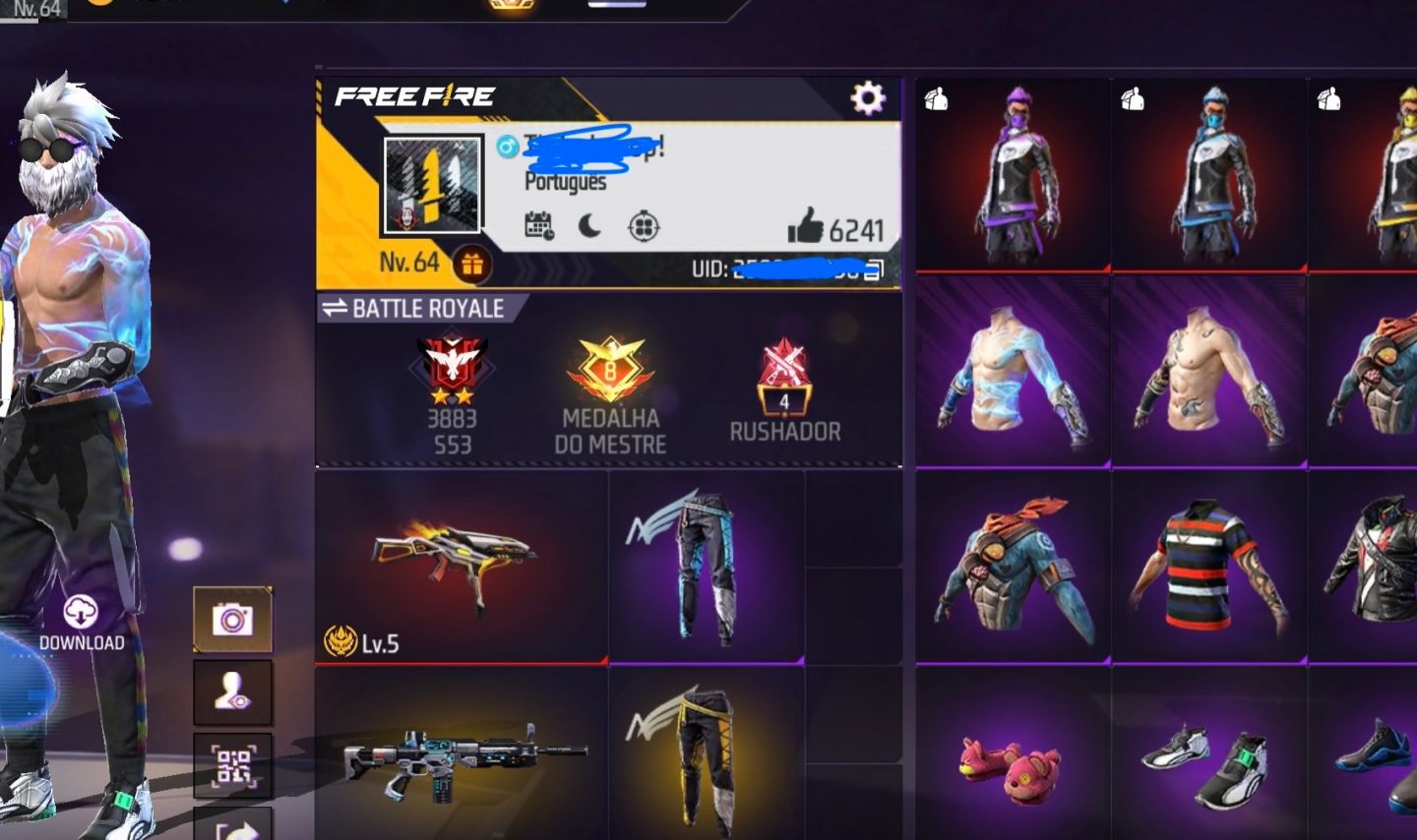 CONTA FREE FIRE COM BARBINHA, SOMBRA ROXA, PEITORAL MANDELA, UMP EVO, 2 ENTRADAS
