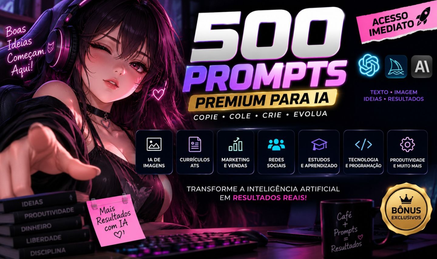 PROMOÇÃO! 500 PROMPTS PREMIUM PARA IA | + BÔNUS EXCLUSIVOS