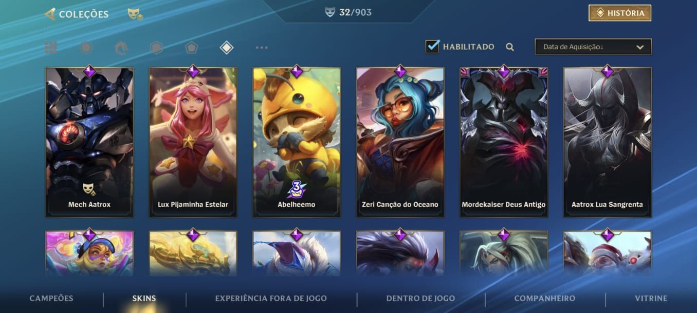 Conta Wild Rift com algumas skins, com +900 essências laranjas (Espólio)