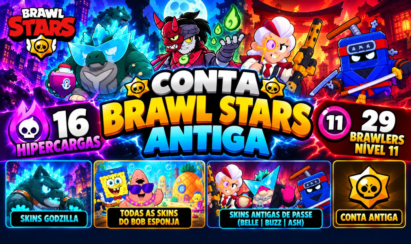 Conta Brawl Stars Antiga | Skins Raras | 29 Nvl 11 | 16 Hipercargas