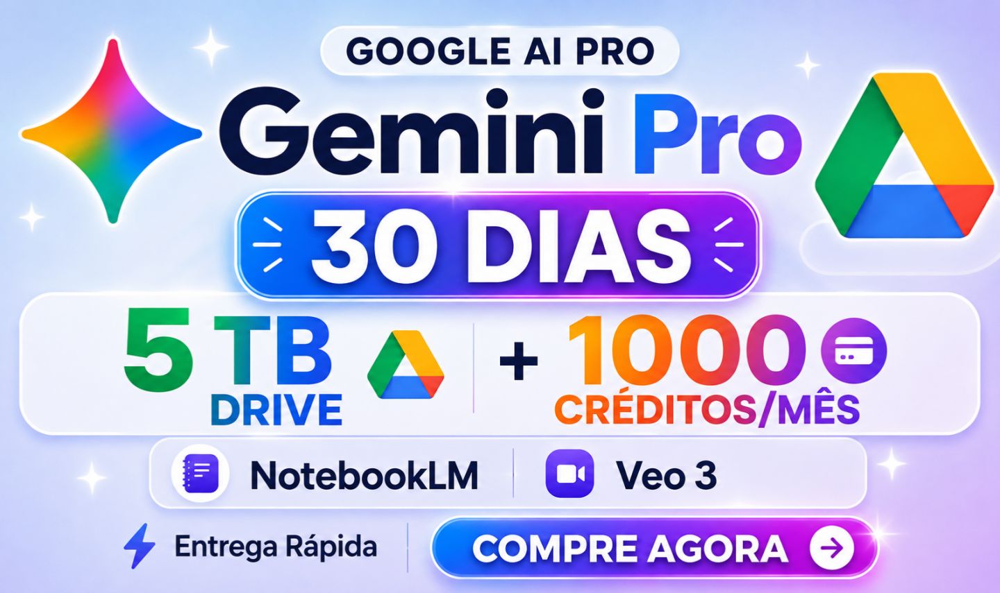 Google AI Pro Gemini Pro 30 dias | 5TB Drive + Veo 3 + 1000 Créditos