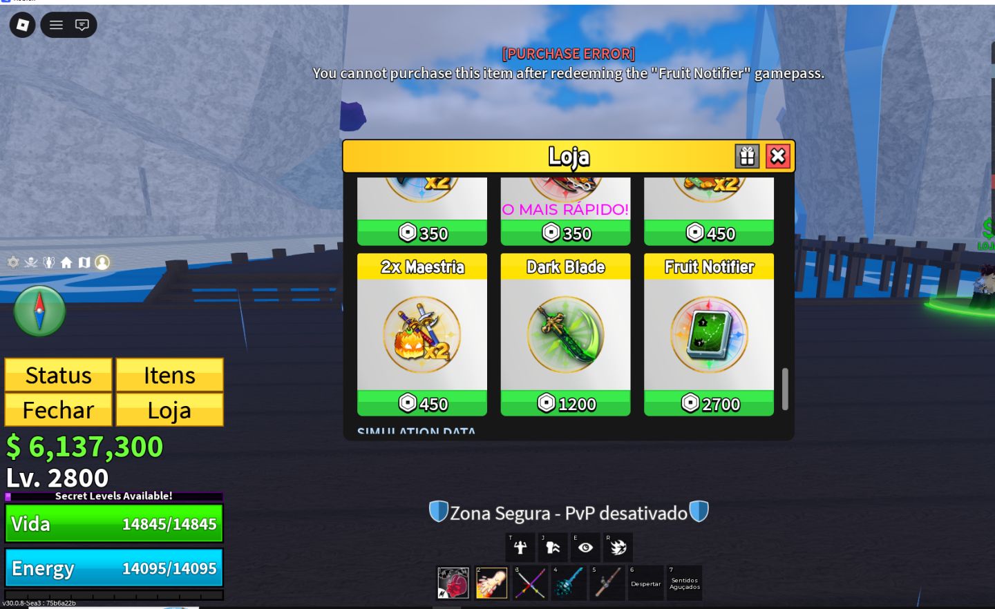 CONTAS BLOX FRUITS COM GAMEPASS / NOTICADOR DE FRUTA / STOREGE / DARK BLADE E +