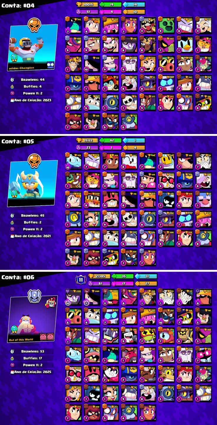 CONTAS BRAWL STARS c/LENDÁRIOS e MUITOS TROFÉUS!!