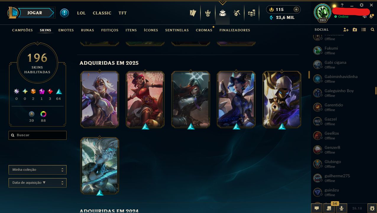 CONTA LOL LVL 283 | 196 SKINS | 239 ÍCONES