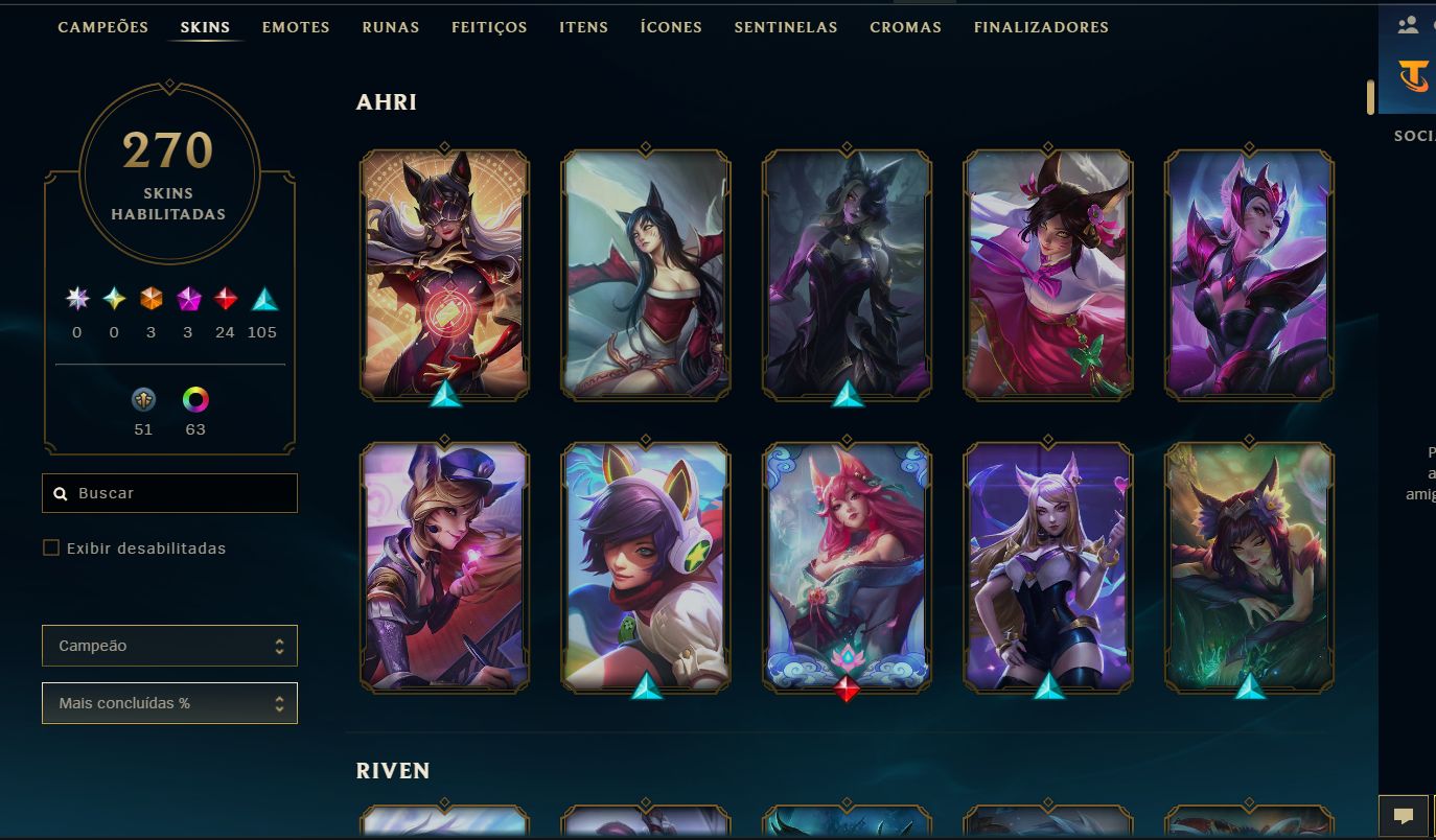 CONTA LOL - 270 SKINS - UNRANKED - 70 CROMAS - FULL ACESSO - SÓ SKINS LINDAS
