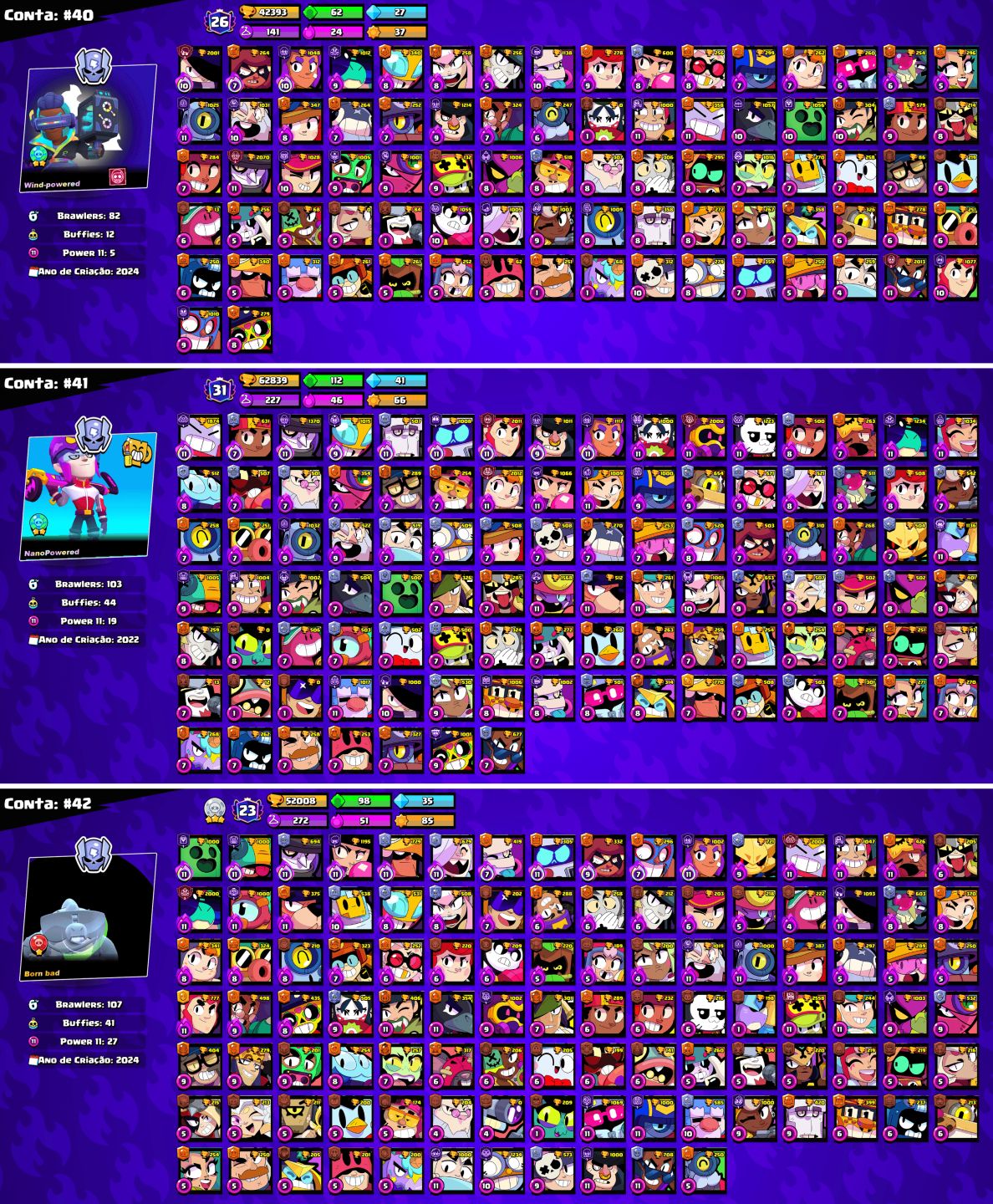 CONTAS BRAWL STARS c/LENDÁRIOS e MUITOS TROFÉUS!!