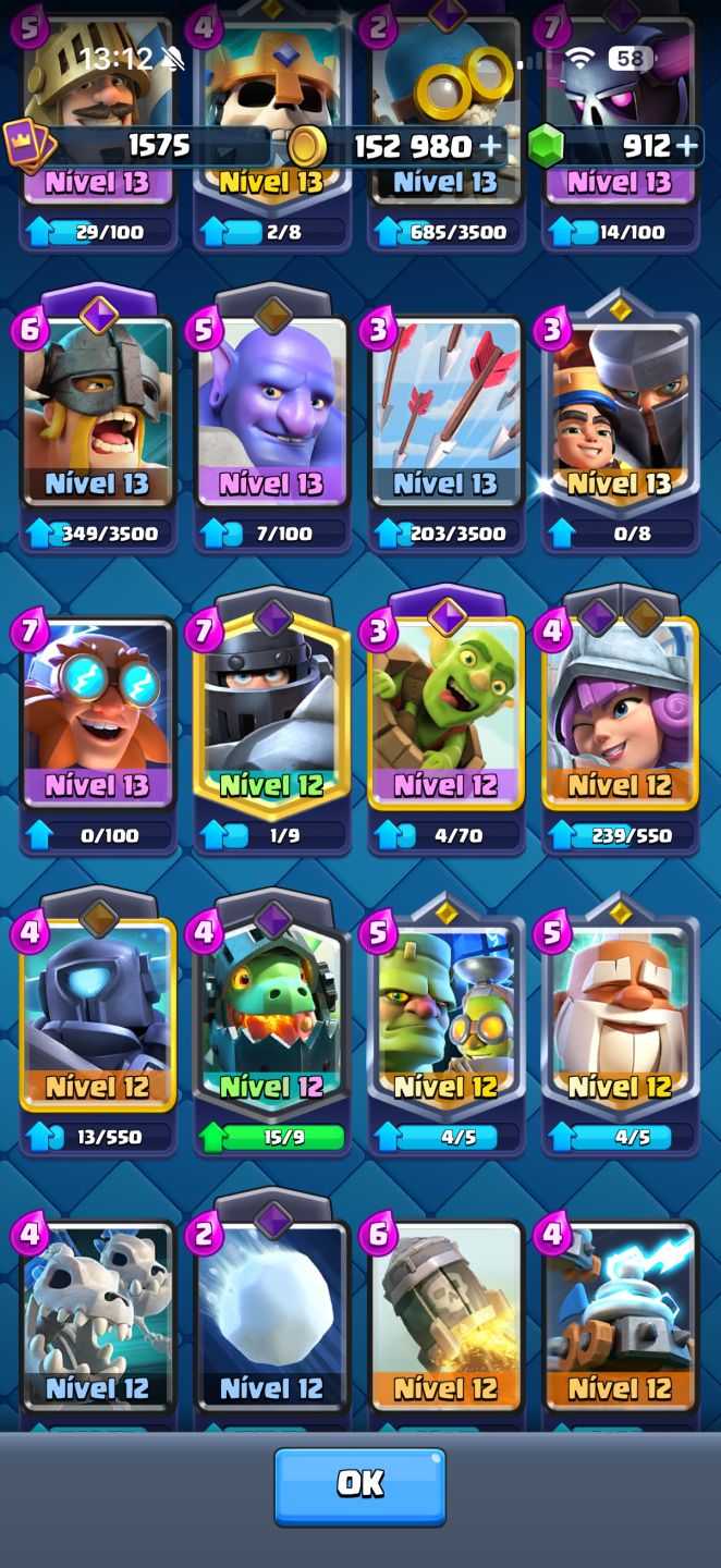 CONTA CLASH ROYALE 11821 Troféus, CORREDOR NVL 16 POSSUI TODAS AS CARTAS