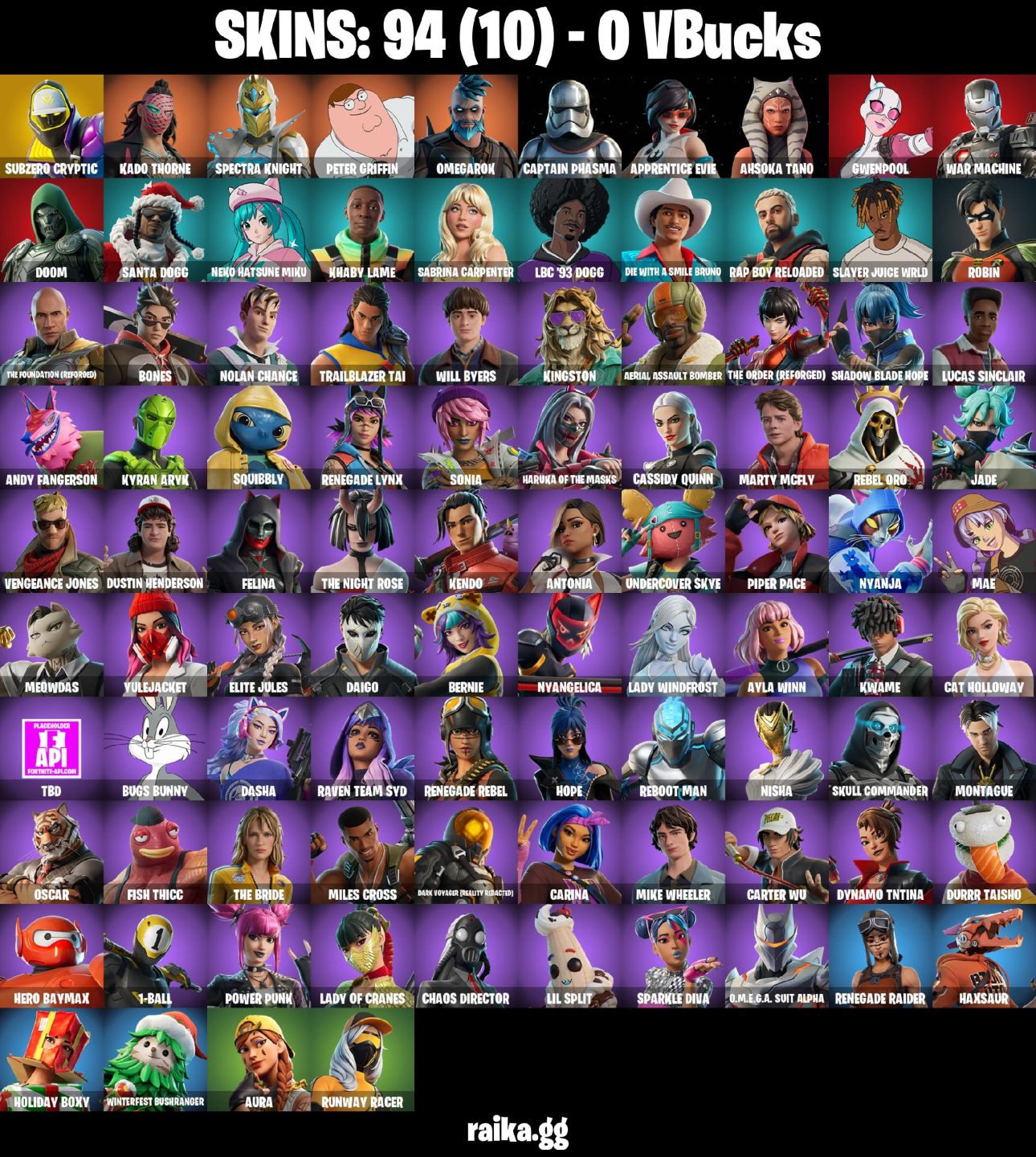 94 Skins - subzero cryptic , war machine , doom , santa dogg , gwenpool