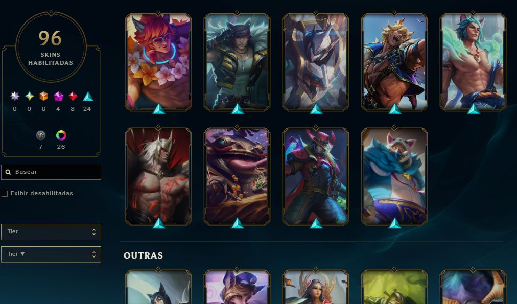 Conta league of legends full champs, nivel 95+, ouro 4 e com várias skins