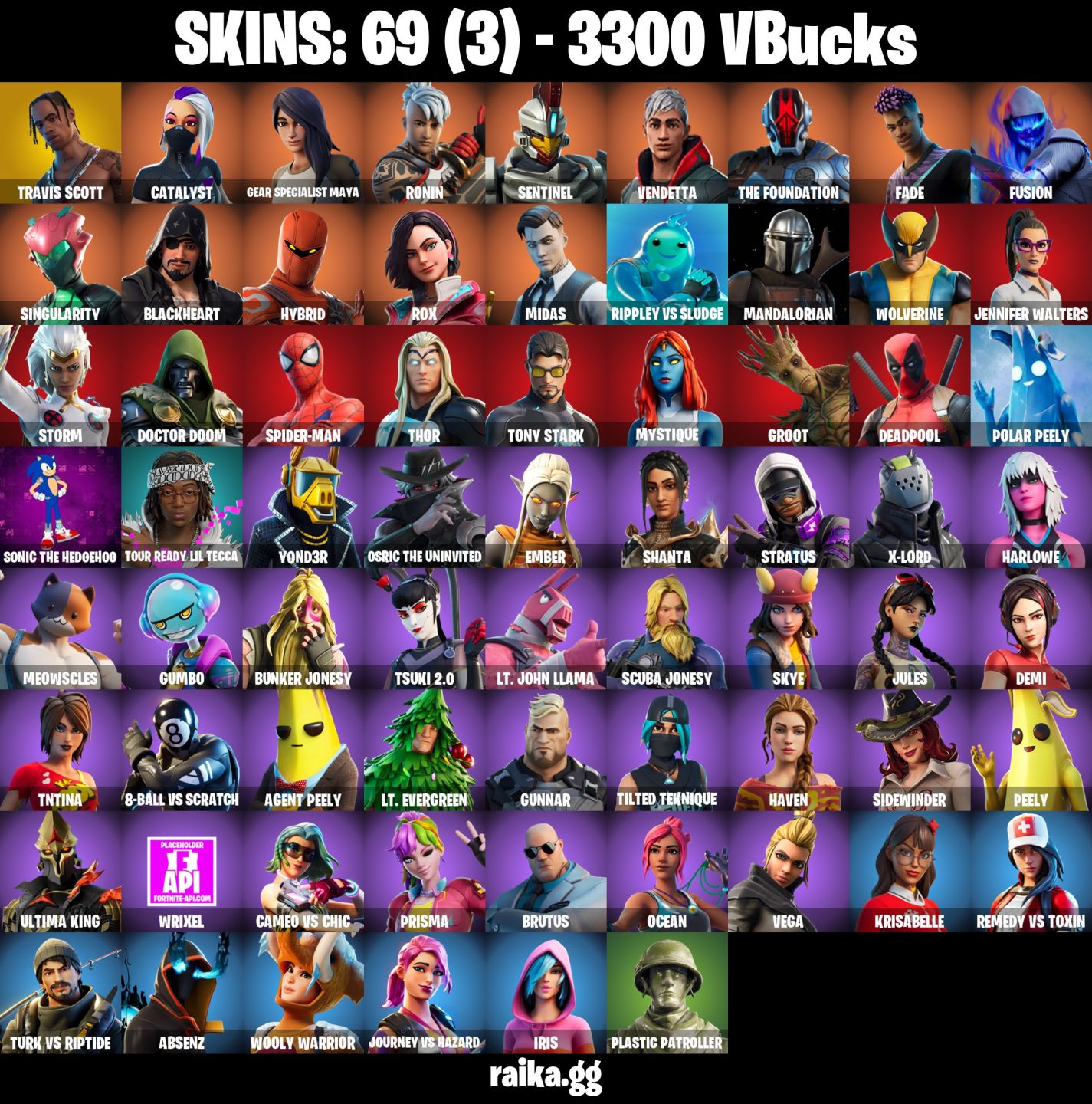 69 skins Travis Scott 3,3k VBucks Midas Tony stark