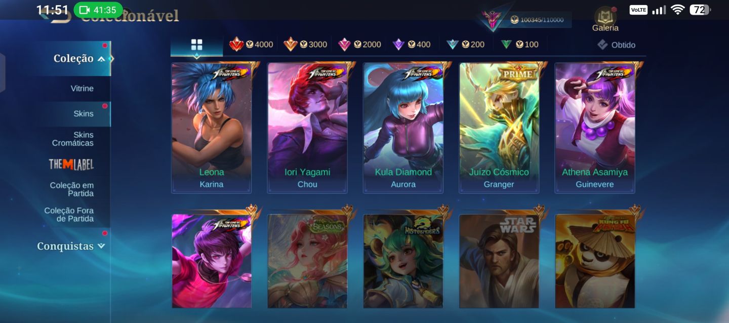 Conta Mlbb 279 skins, 5 skins kof 1 legend