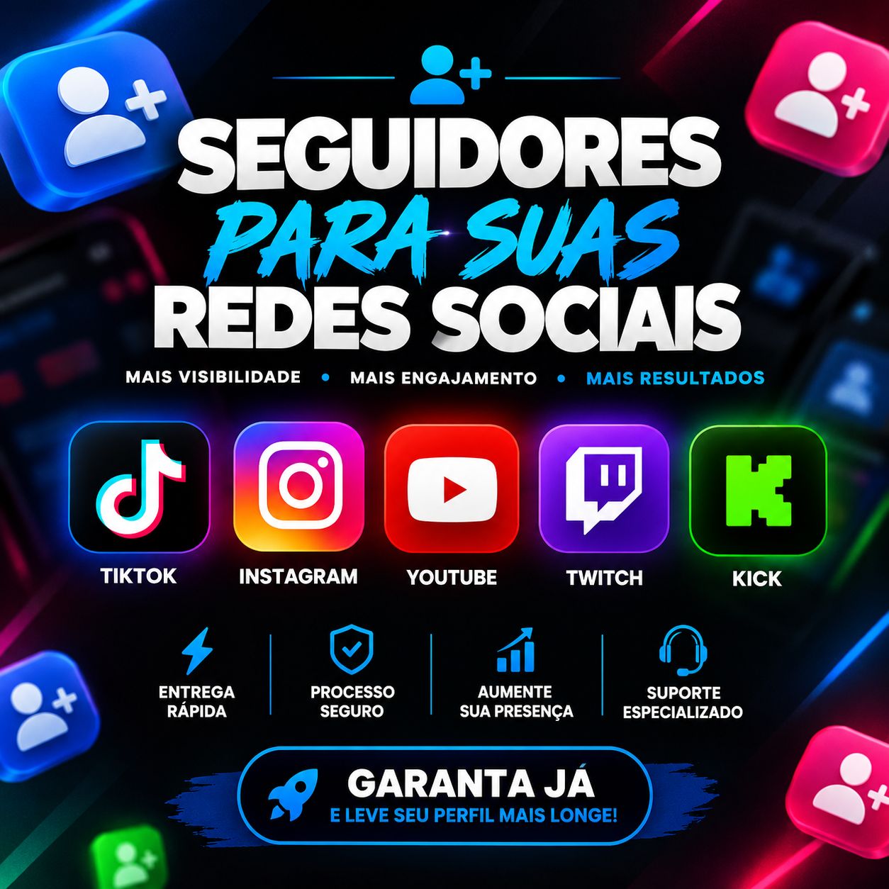Seguidores para TikTok, Instagram, YouTube, Twitch e Kick