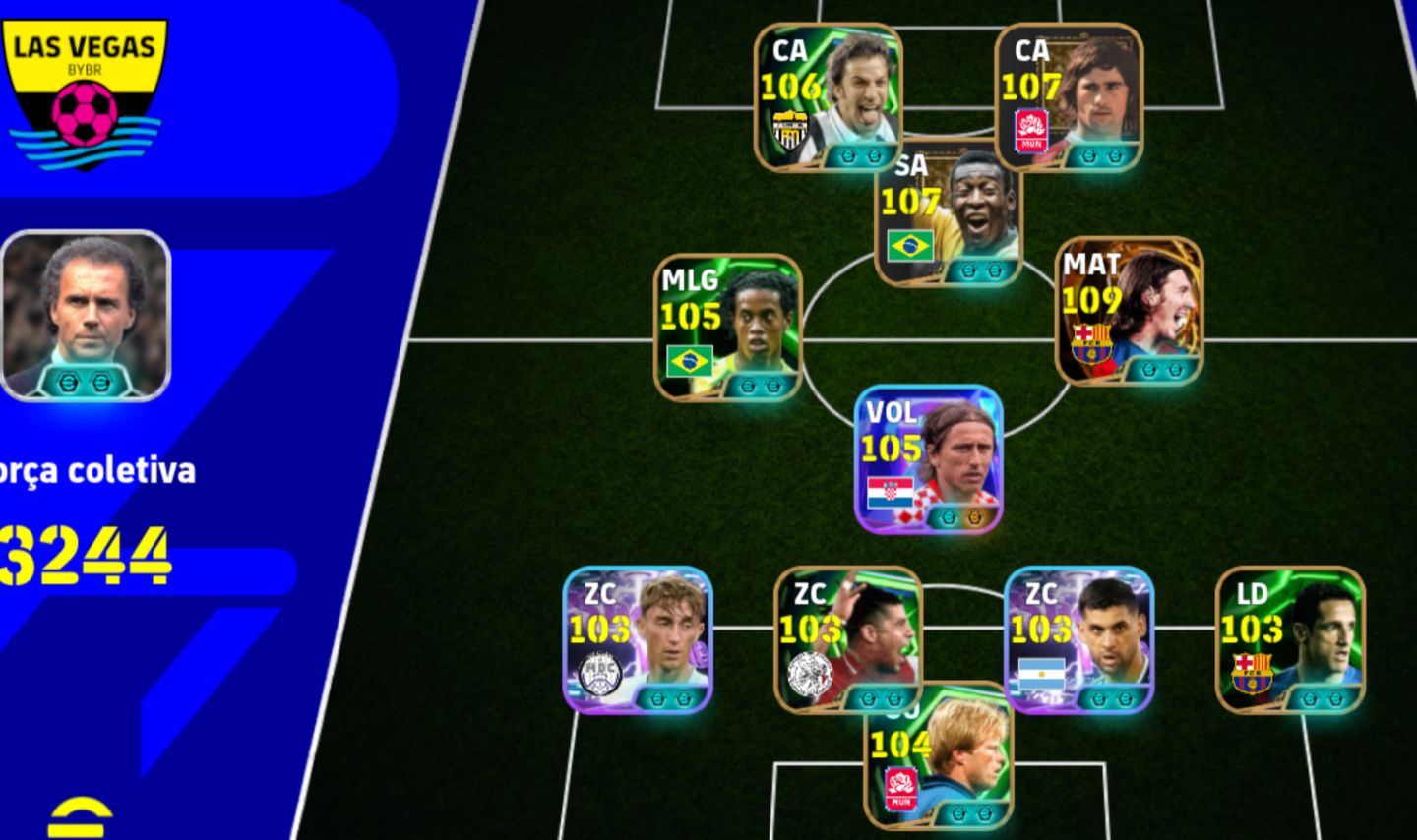 Conta eFootball 3244 Messi 110 Pele 108 Delpiero 107 Guerd Muller 108