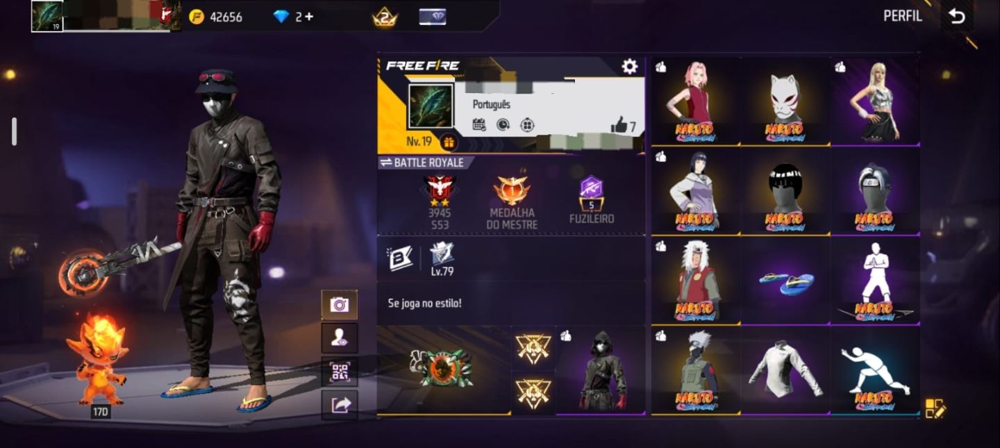 CONTA COM 4 CONJUNTOS DA PARCERIA COM NARUTO + ARMAS E ITENS EXCLUSIVOS