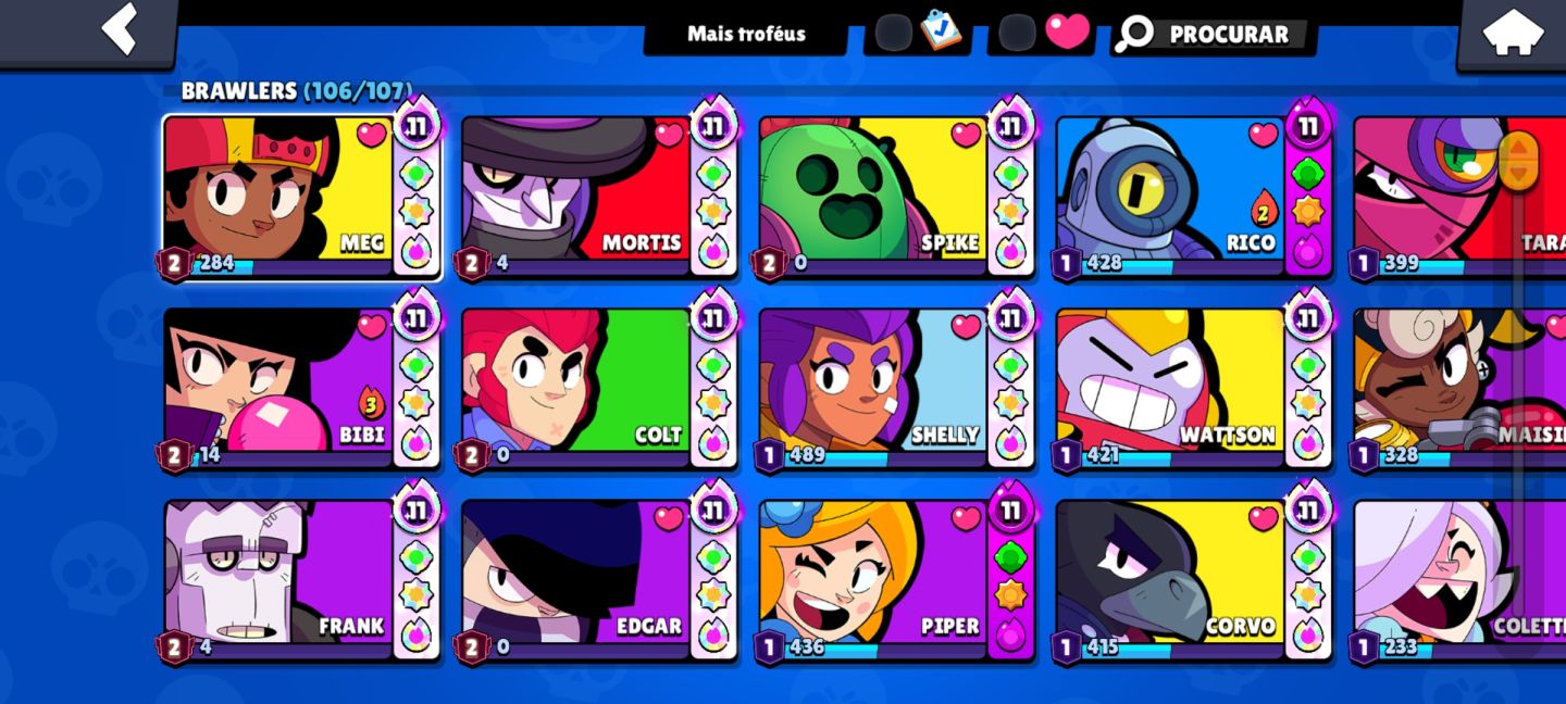 Conta de brawl de 2020,todos os brawlers,skins de hyper,brawlers quase 3k