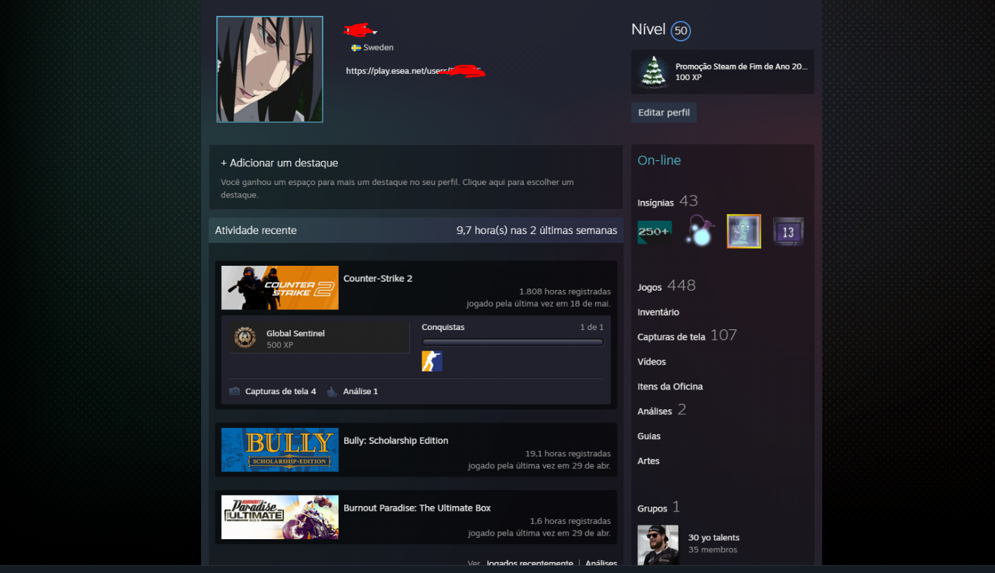 Conta steam cs2 prime 450 jogos + lvl 50 steam + badges raras + medalhas raras