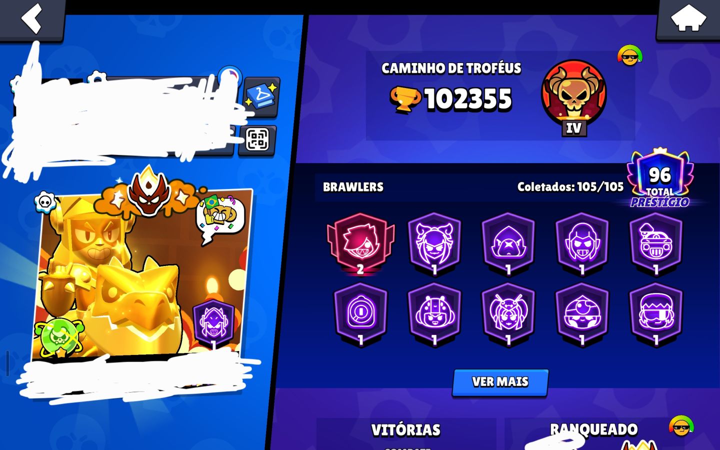 Conta full brawl stars, 6 mestres, +100k troféu, 5 skin ouro, shelly estelar