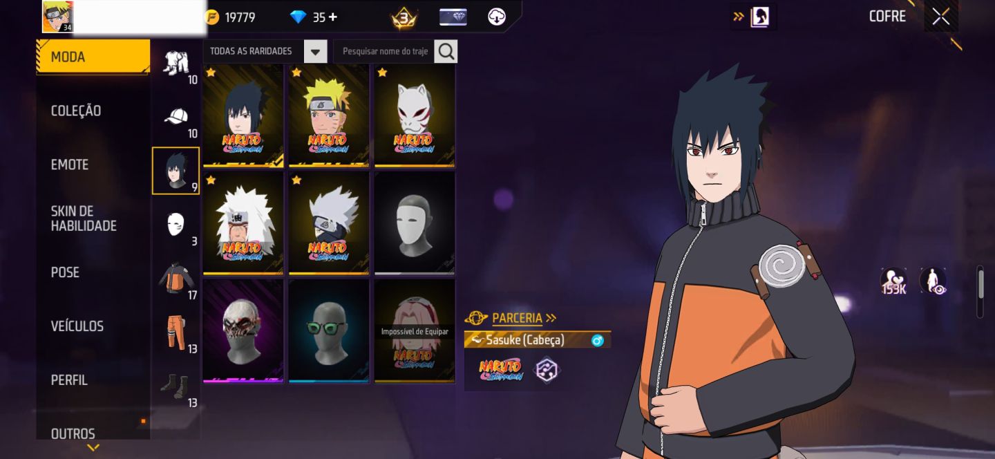 CONTA FF COM SKINS DA PARCERIA NARUTO + 2 EVO
