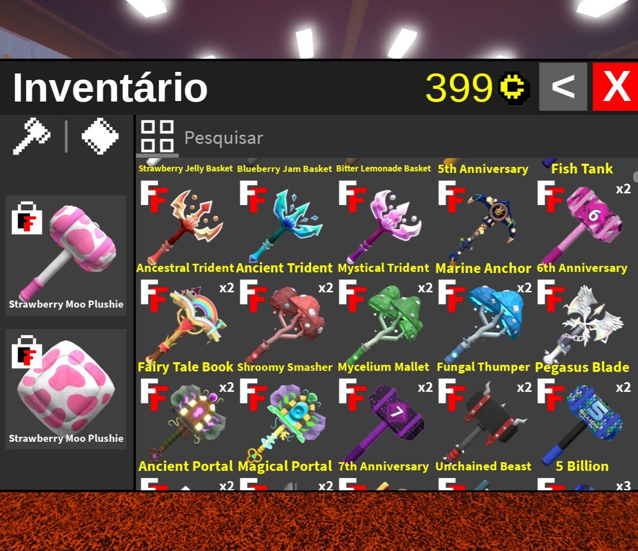FTF Inventário com quase todas as marretas incluindo Moo Plushie