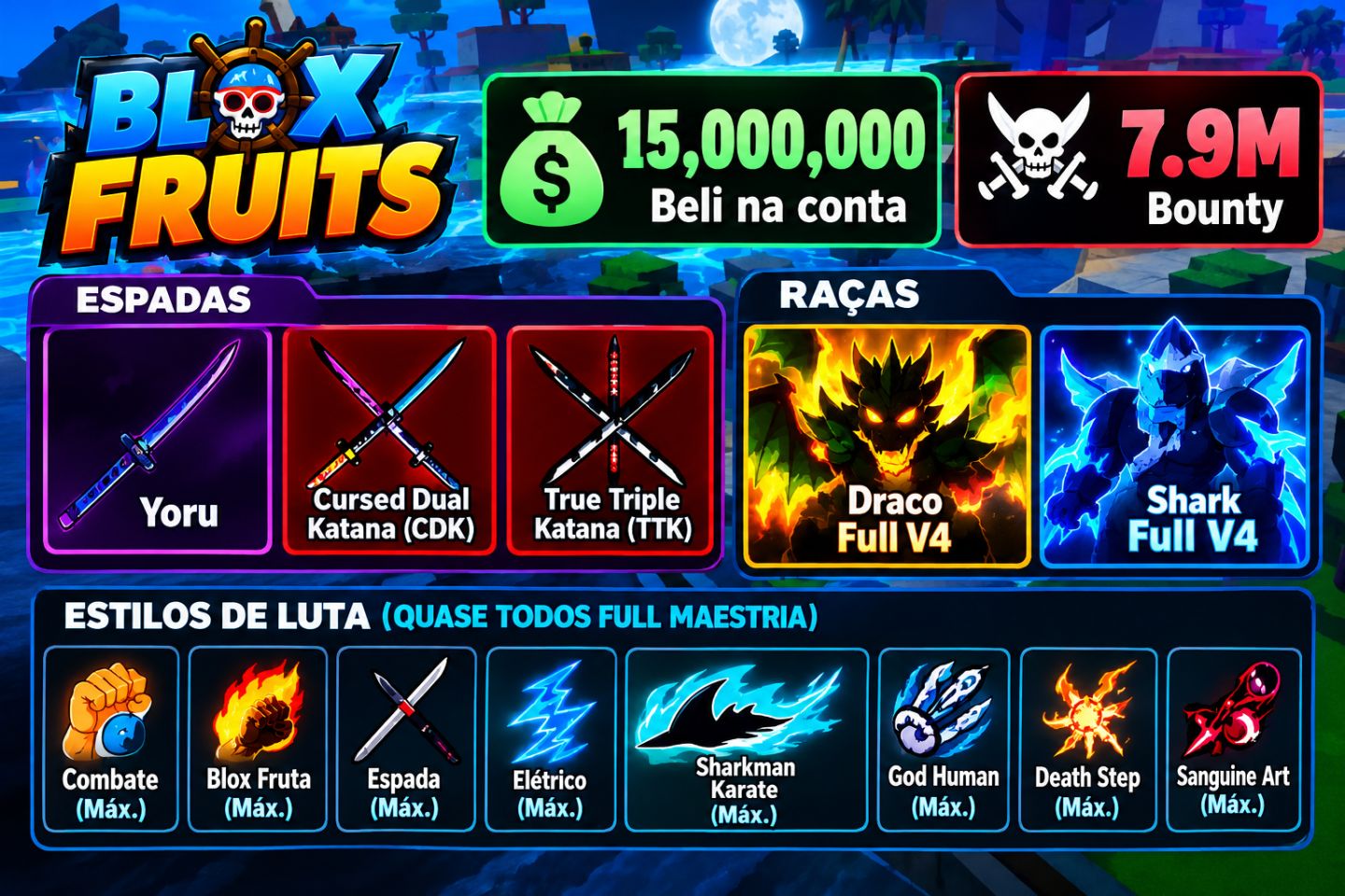 CONTA DE BLOX FRUITS FULL COM: YORU, CDK, DRACO FULL V4, FRUTAS MITICAS E ETC...
