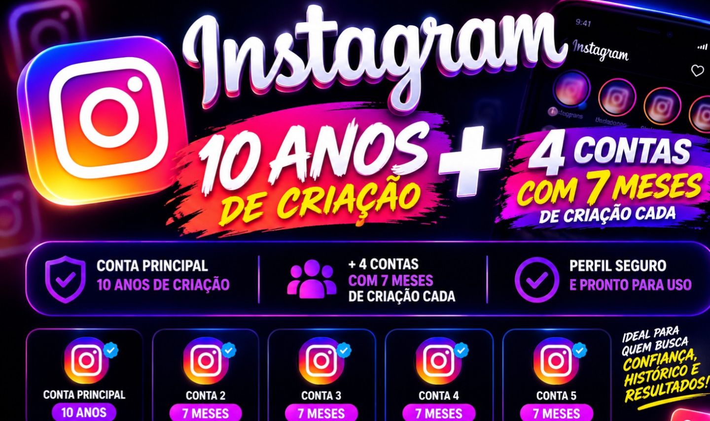 Instagram 10 anos de criação+4 perfis 7 meses,