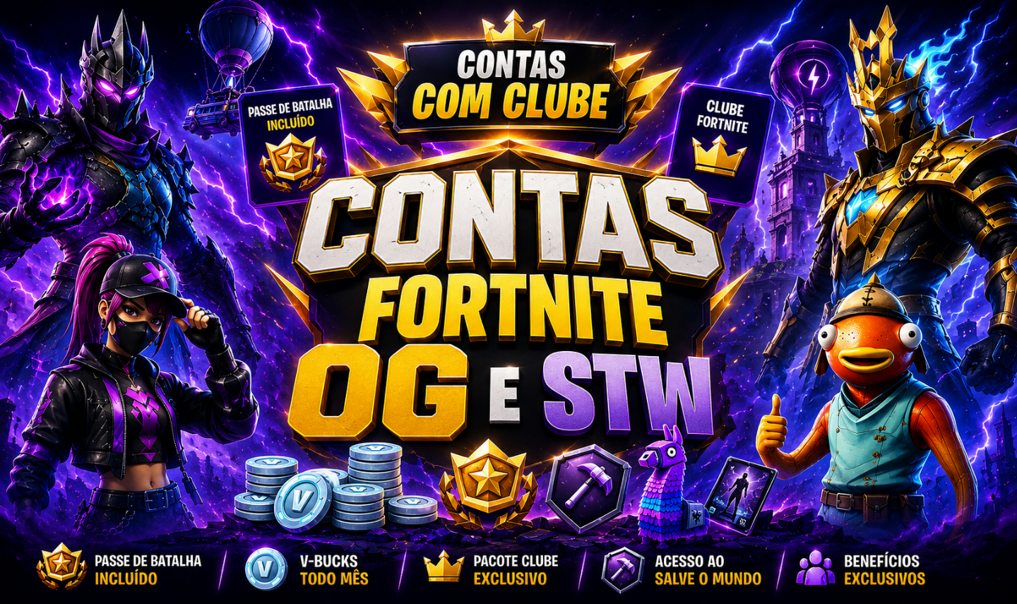 FORTNITE CLUBE(NA SUA CONTA), CONTAS SKINS RARAS OG, SALVE MUNDO FUNDADOR E+