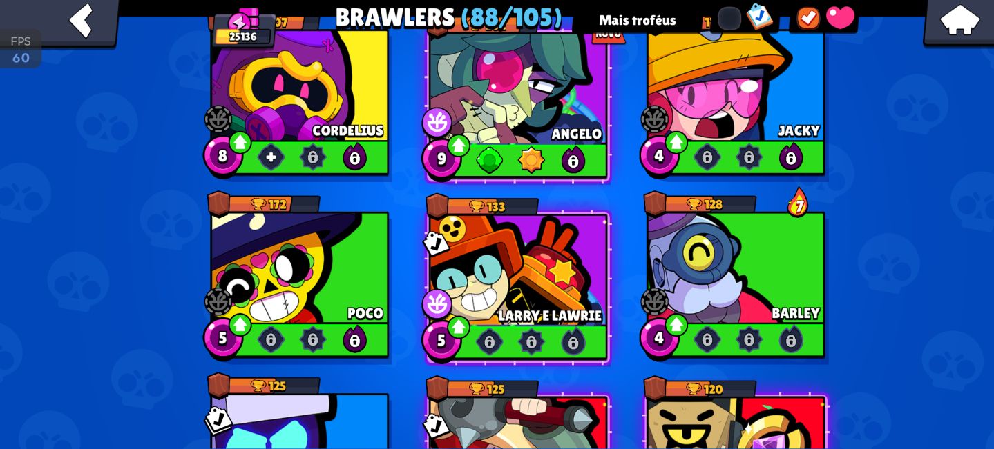 25k de troféu, Todos os lendários 88 brawler, 17 hipercarga e 6 buffs completos