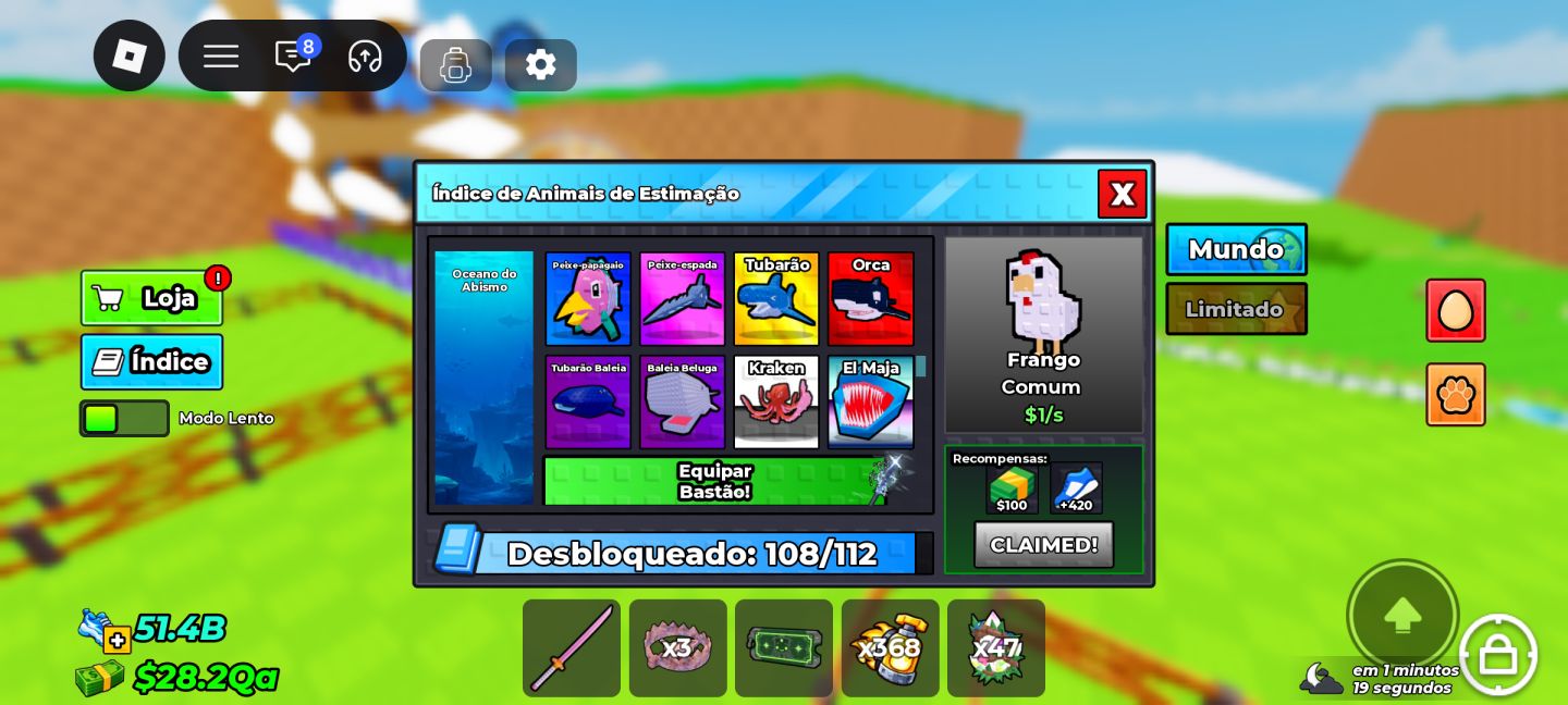 ÍNDICE 96% | PETS E OVOS 1B+ | CERCADO E ESTEIRA MAX | 4 SKINS ROBLOX