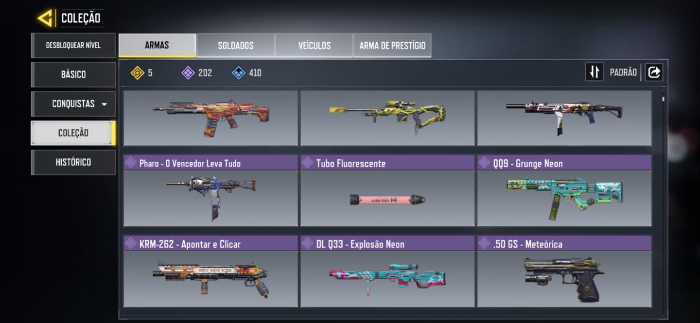 5 lendárias armas nível 400 Arma Épica 202 personagem Épico 76 C: 63k