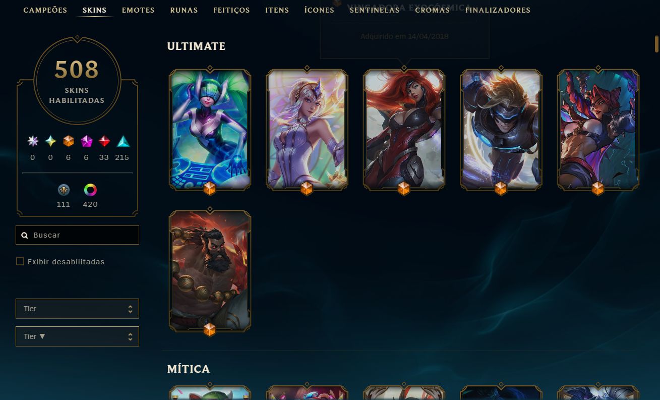 Conta League of Legends MMR MESTRE COM 508 SKINS RARAS