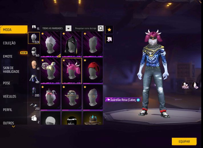 CONTA FREE FIRE COM VARIAS SKINS (UMP VERMELHA, CABELO ROSA, SOMBRA ROXA)