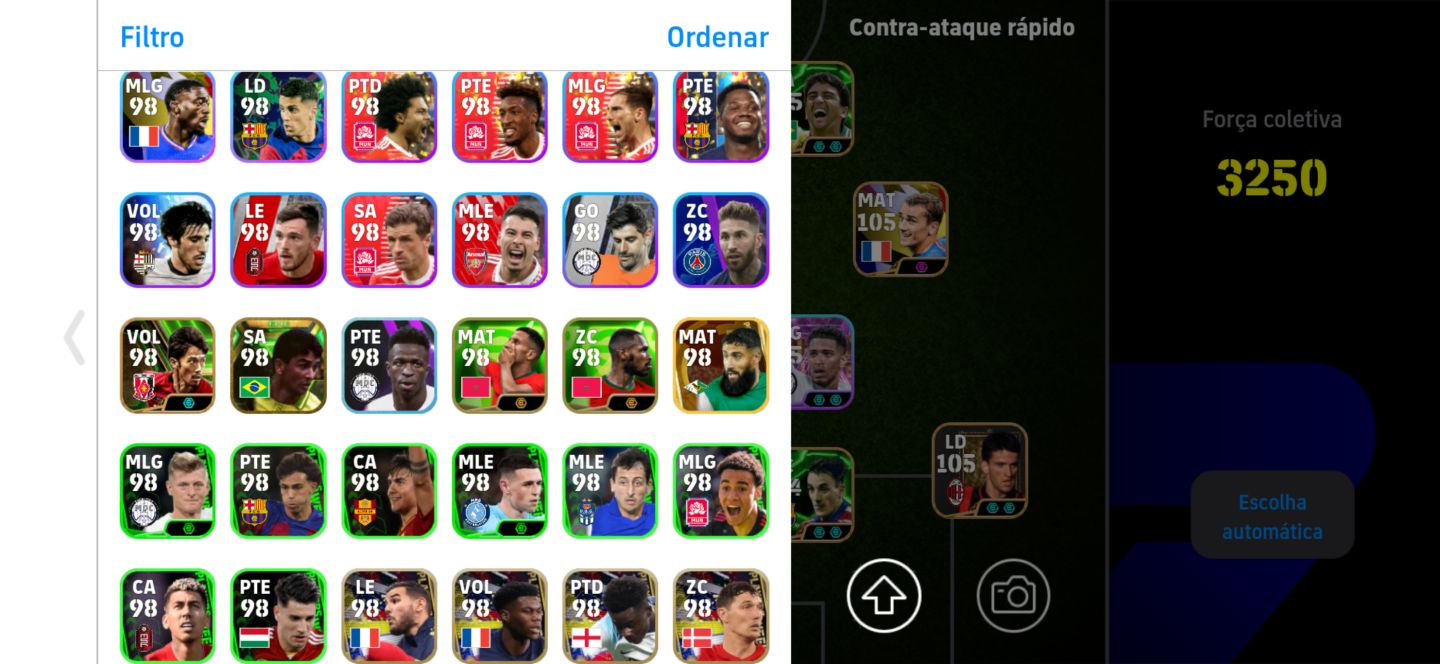 Conta top de efootball mobile com Shevchenko, Kaká e Bellingham.