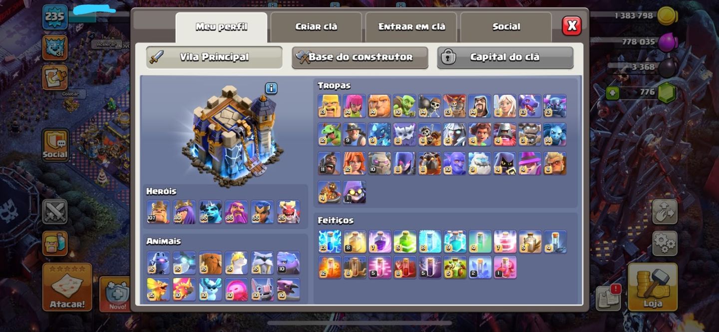 Conta Clash of Clans Nível 235 Heróis Altos Skins Lendárias Equipament Evoluídos