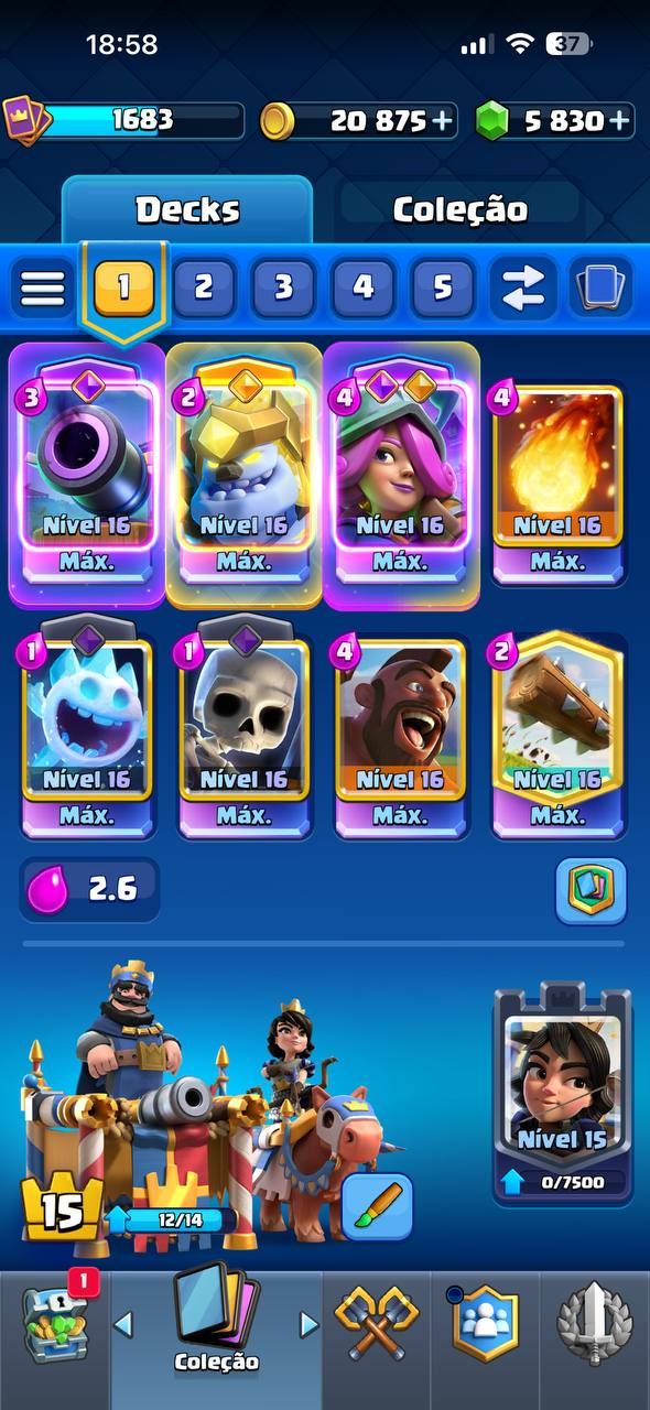CONTA CLASH 9 ANOS/DECK 2.6 FULL/TODAS CARTAS/TORRE LVL15/5800 GEMAS