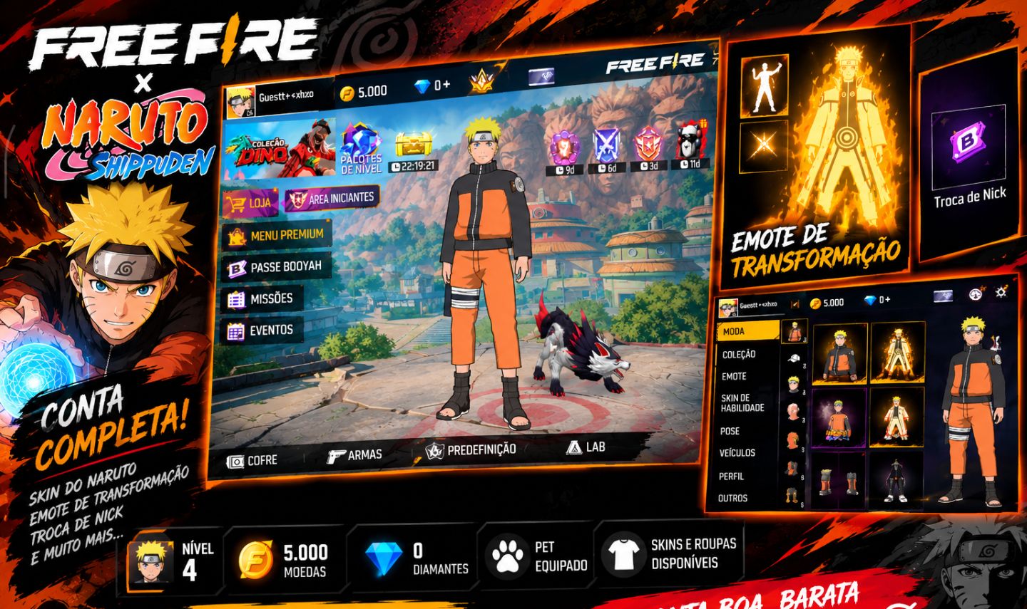 Free Fire Naruto + Emote de Transformação + Troca de Nick | Nível 4