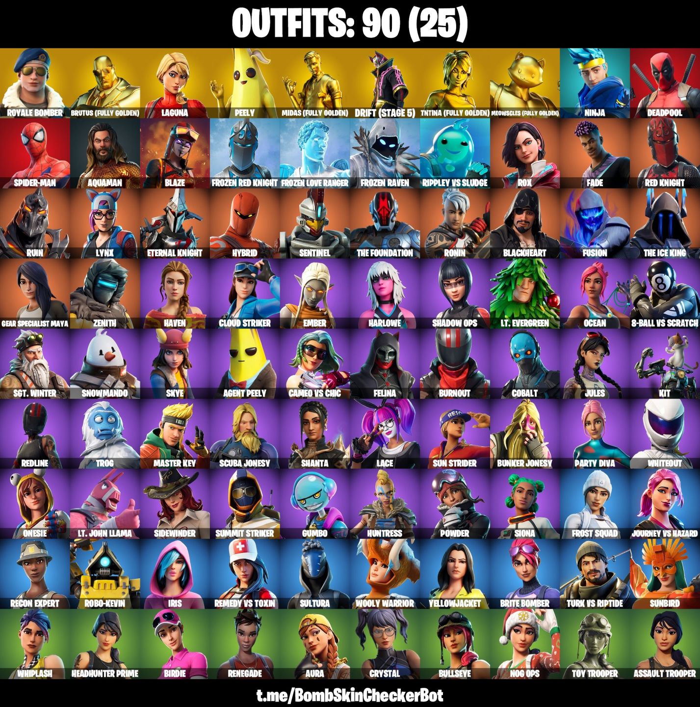 CONTA FORTNITE MIDAS DOURADO, BOMBER ROYALE, ATEMPORAL (5), SPIDER & 90 SKINS