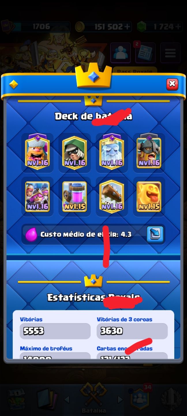 Conta Clash Royale Cartas nível 16 e 15 Nível 1705 14000 Troféus