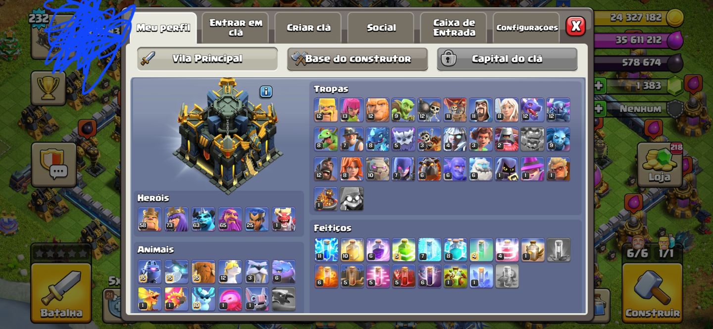 Clash of Clans CV17 | Nível 232 | 6 Construtores | 1.383 Gemas