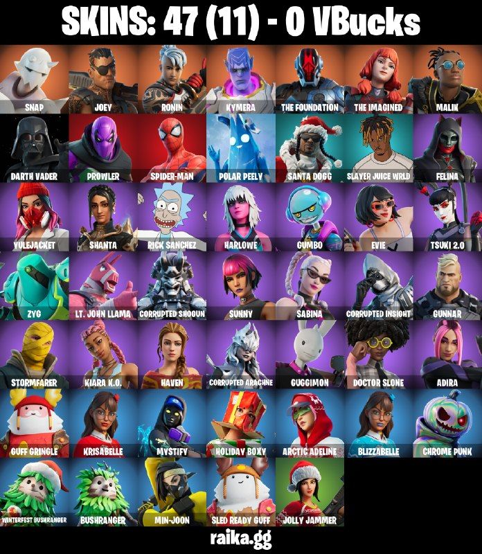 47 Skins - Darth Vader, Spider Man, Prowler, Santa Dogg, 0 vbucks