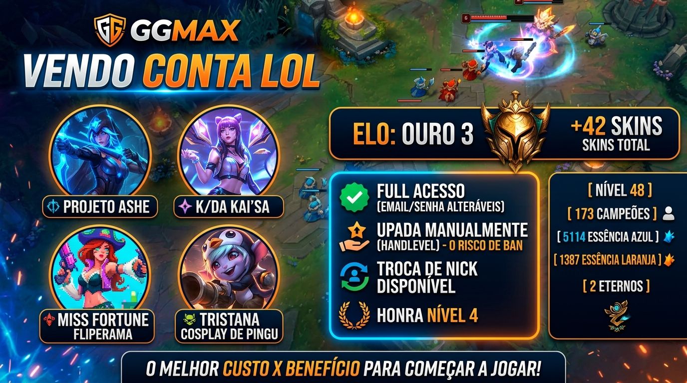 Conta LoL Ouro 3 | +42 Skins (Projeto Ashe, K/DA) | 173 Campeões | Full Acesso