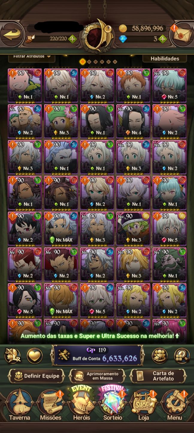 Conta 7ds grande cross 6.6M Meliodas nêmesis 2/6, escanor Merlin 2/6