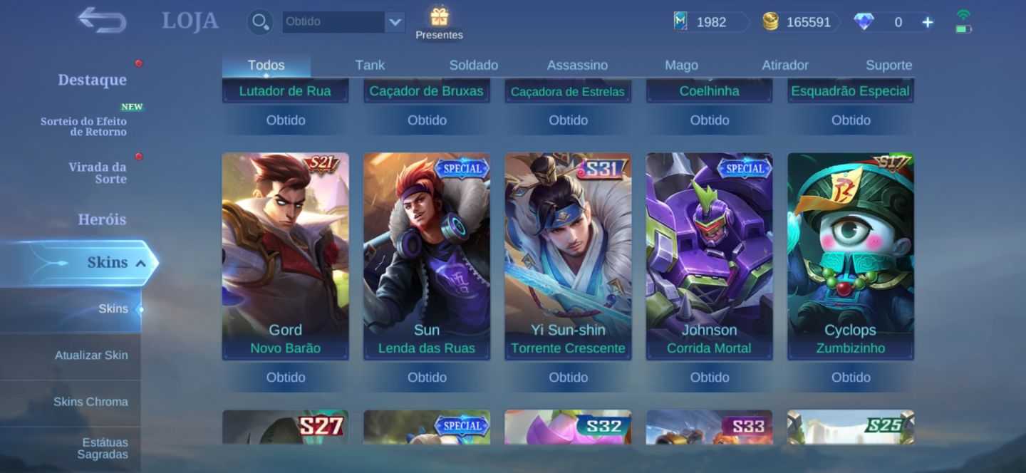 Conta - Mobile Legends (2017) - Skins de passe antigas (S1 - S2)