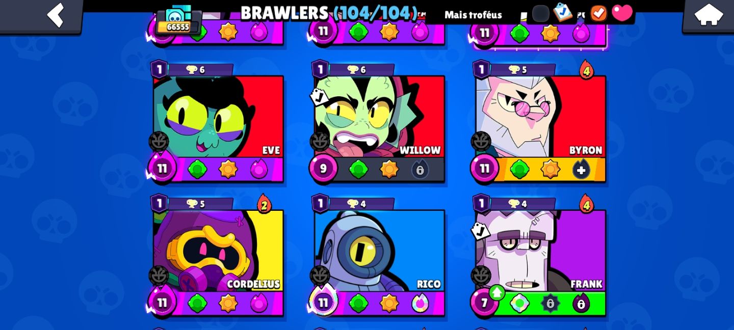 Conta brawl stars 66k , 104/104 brawlers, 40 brawlers full upados,7 passes 40p